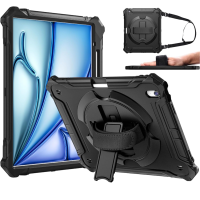 IPad Air 13 inch (M2) Case 2024 with Pencil Holder, Shockproof Full Body Drop Protective Cover with 360° Rotating Hand Strap & Stand - Black